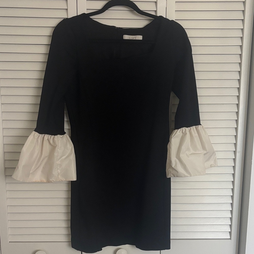 LOFT Black Dress with Cream Bell Sleeves